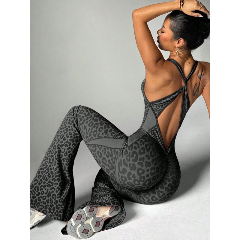 Leopard print one-piece yoga suit